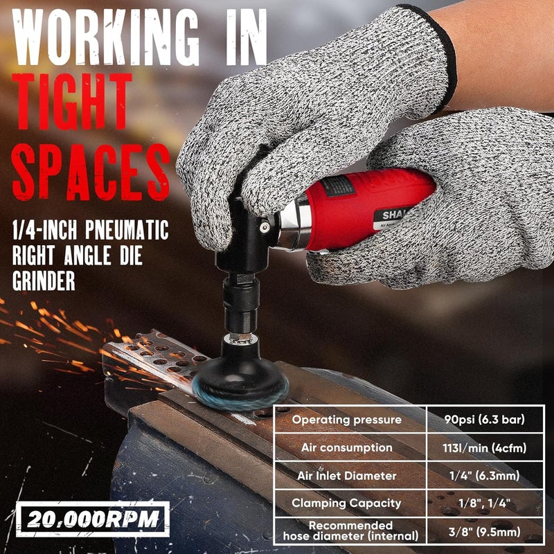 SHALL Right Angle Die Grinder, 90 Degree, 1/4" & 1/8" Collets, 24PCS Sanding Discs, Air Connector, Lubricant and Chuck Key Included, for Grinding, Polishing, Deburring, Engraving and Rust Removal - Image 3